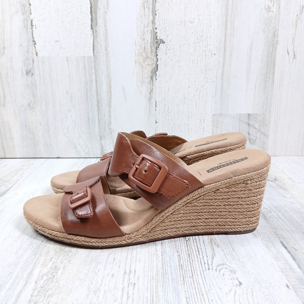 Clarks Collection Brown Leather Buckle Strap Espadrille Wedge Sandals #593